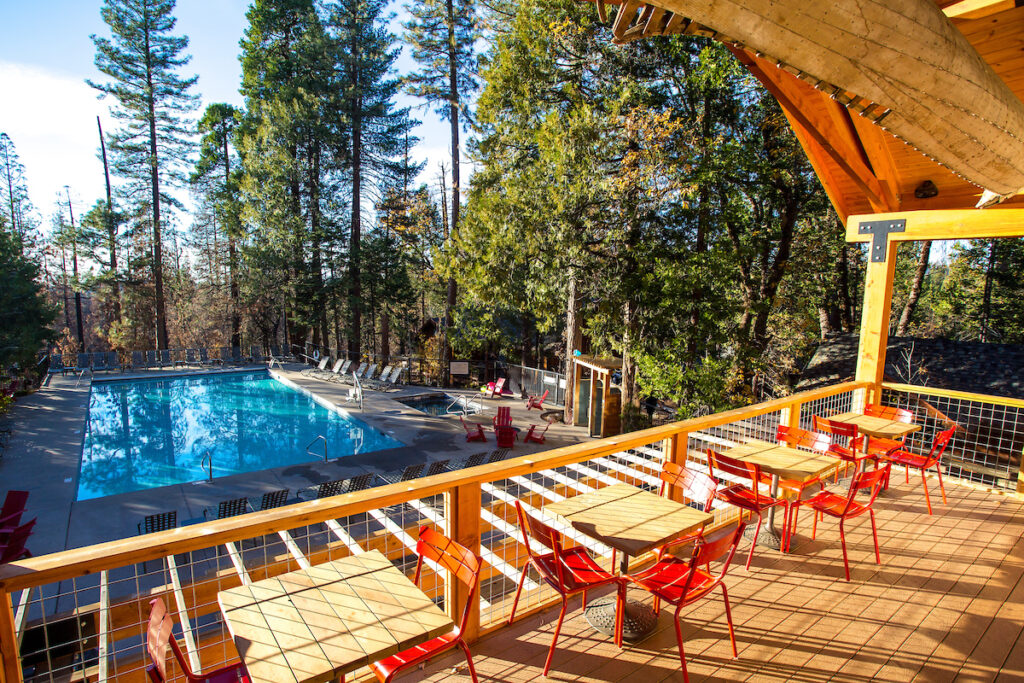 Evergreen Lodge pool deck in Yosemite.