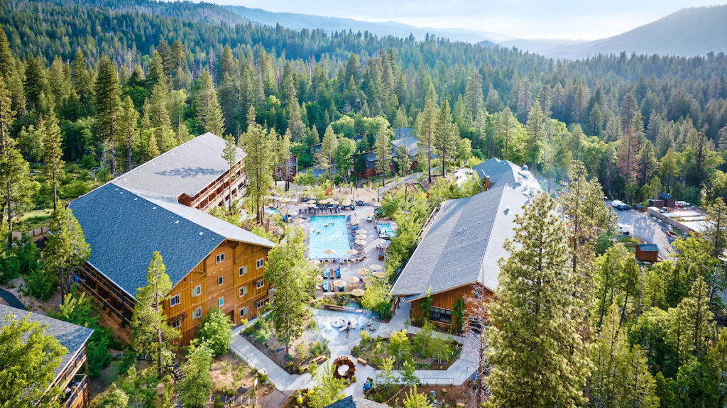 Aerial view of Rush Creek Lodge Yosemite.