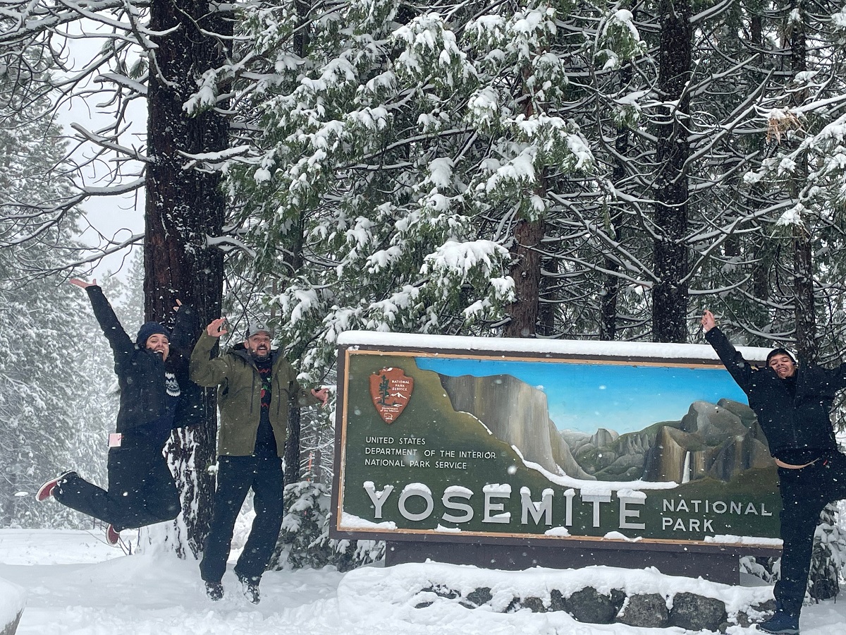 Friends visiting Yosemite National Park during the winter.