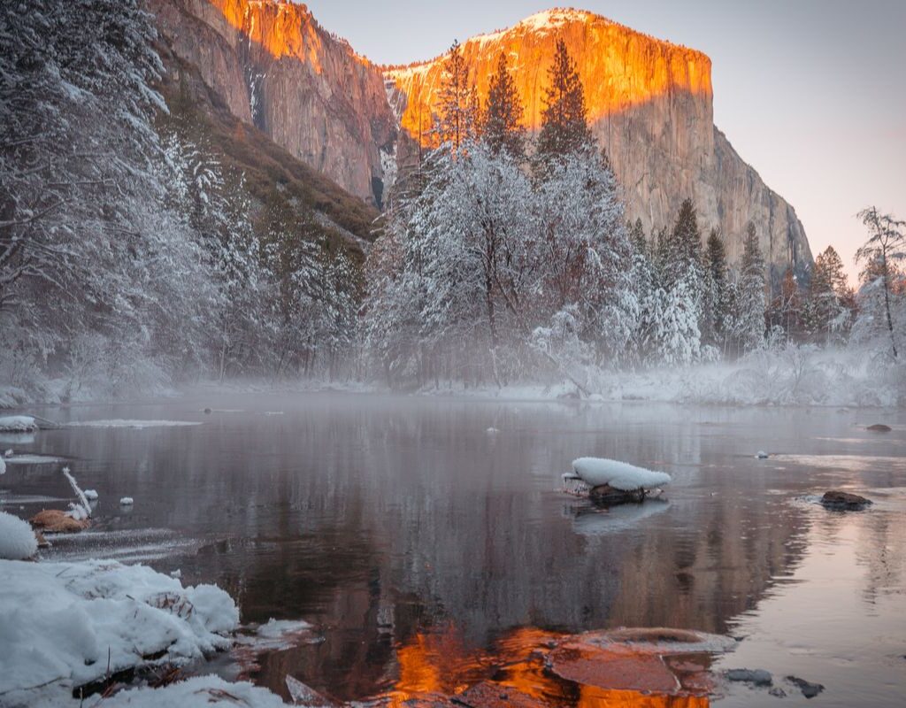 El Capitan in Yosemite Valley covered in snow.